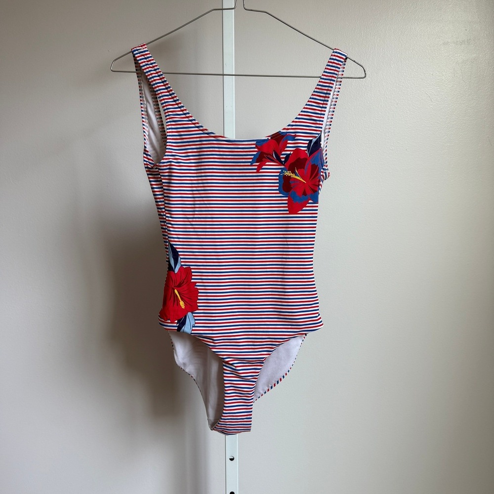 Onia S Red Blue Striped Hibiscus One Piece Swimsuit‎ Low Back Swim Beachy T